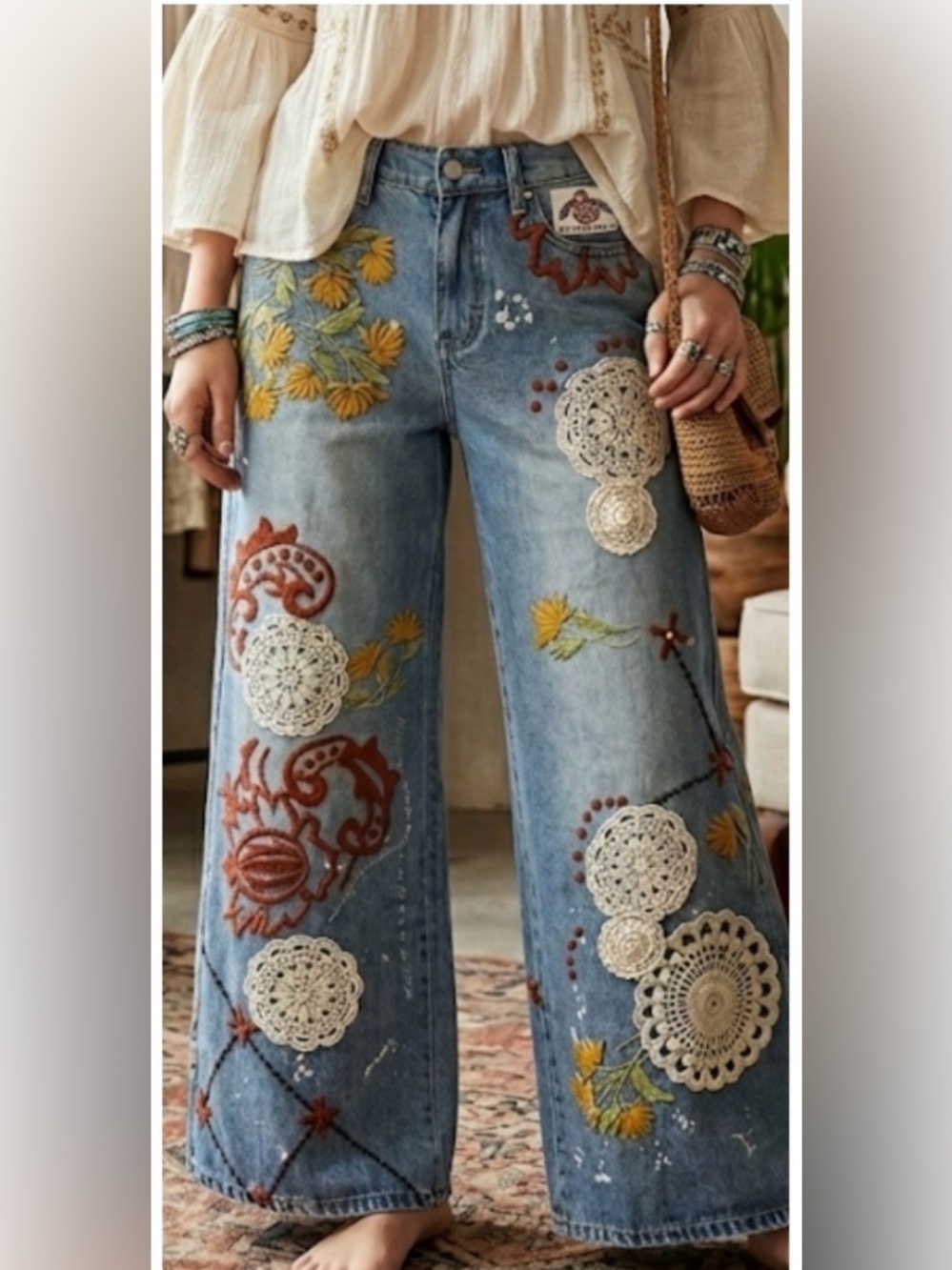 Oli & Hali Blue Denim Wide Leg Jeans with White Crochet & Mustard Embroidery - Picture 4 of 7